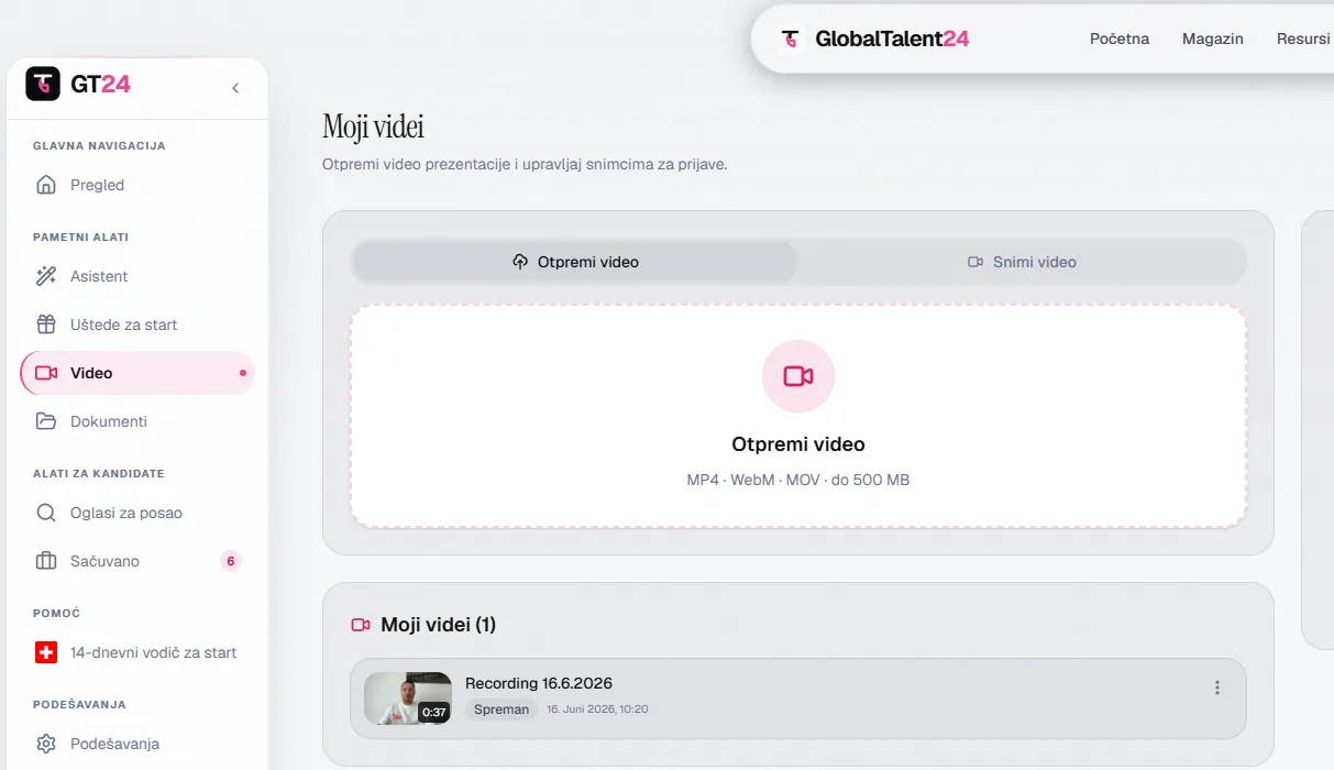 GlobalTalent24 video prezentacija kandidata i opcija za otpremanje videa