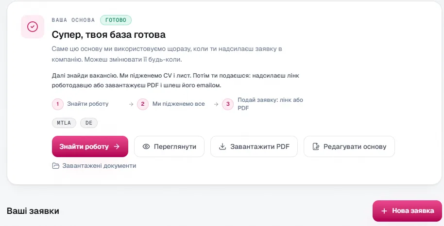 Підготовлена основа заявки з CV, мотиваційним листом і документами в GlobalTalent24