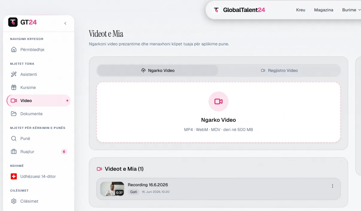 Videot e Mia në GlobalTalent24 për ngarkimin dhe regjistrimin e prezantimit me video