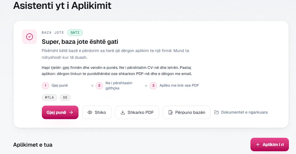 Asistenti i Aplikimit në GlobalTalent24 me bazën e përgatitur, CV-në dhe dokumentet