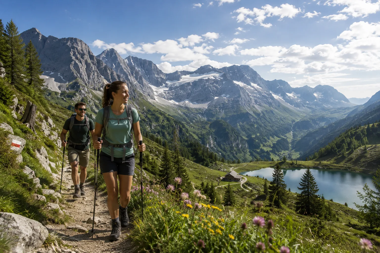Wanderer in den österreichischen Alpen als Symbol für Gesundheit und Sicherheit