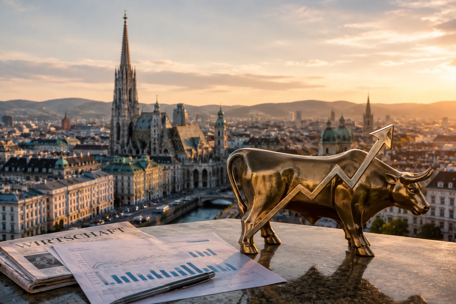 Goldener Bulle mit Aufwärtspfeil vor Wien – Symbol für Österreichs Wirtschaft 2026