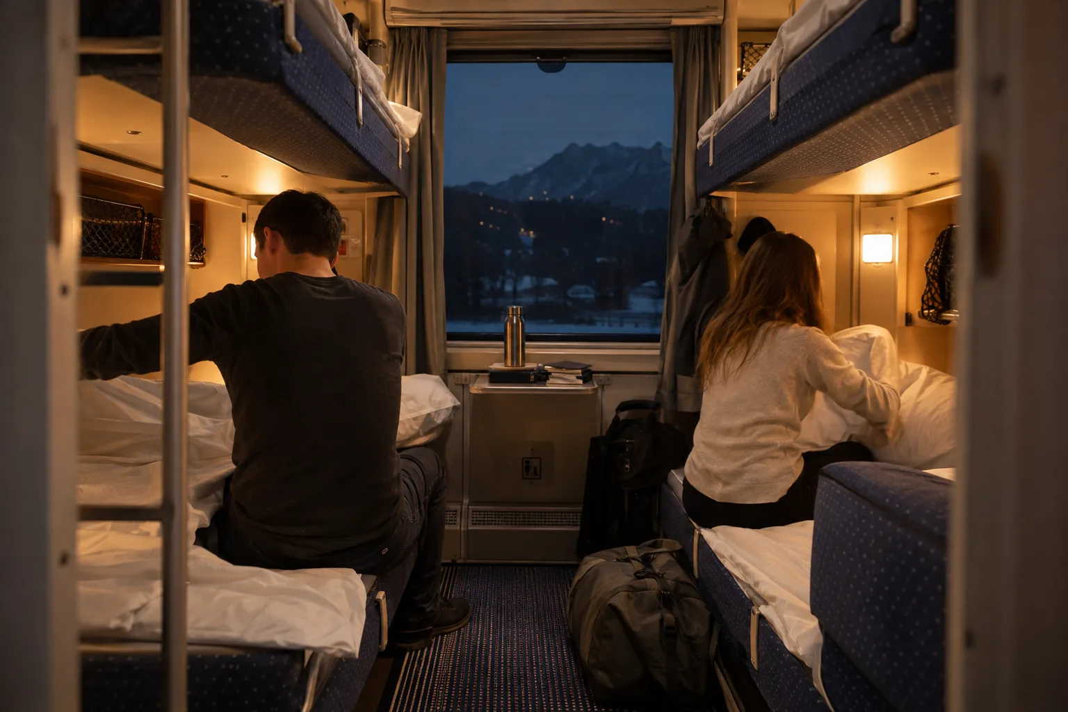 Illustrazione generata con intelligenza artificiale di uno scompartimento di un treno notturno
