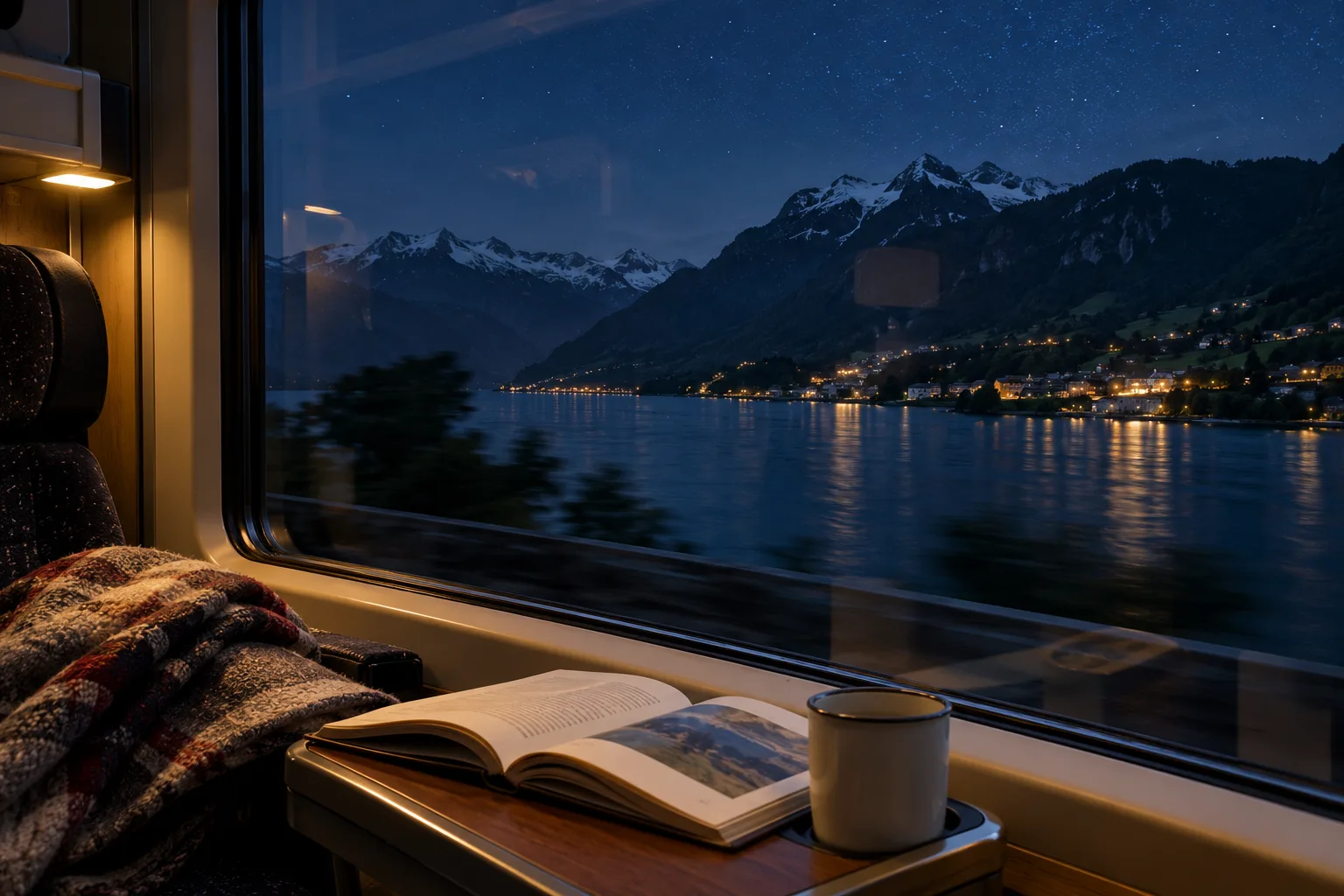Illustrazione generata con intelligenza artificiale di una vista notturna da un treno in Svizzera