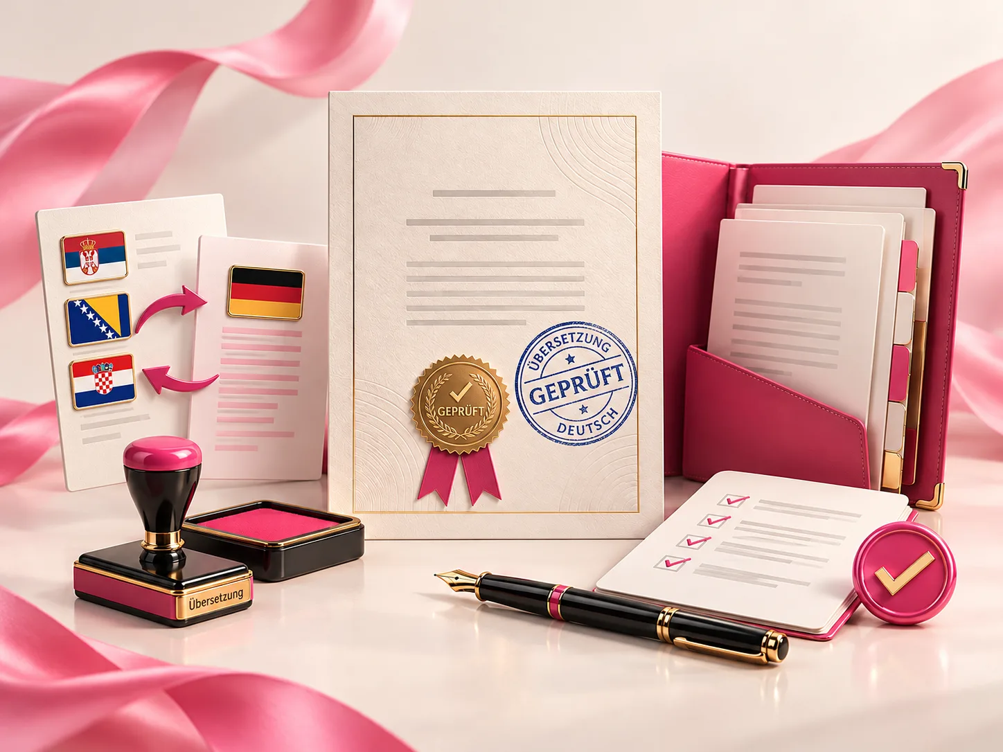 Illustration of a diploma with a stamp and documents for translation into German
